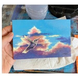 Original Painting Hummingbird sunset art ooak Handmade Bird artwork Artettina US